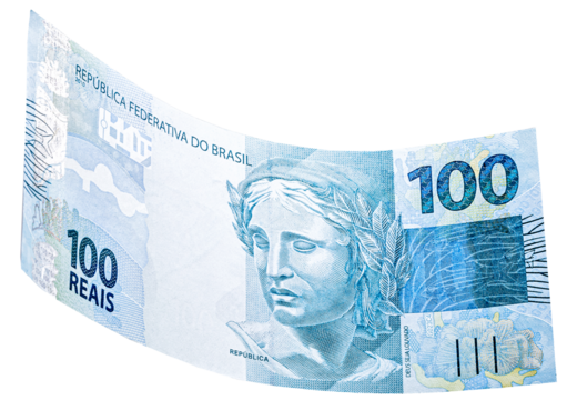 banknote of one hundred reais from brazil falling on isolated white background
