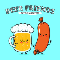Cute, funny happy glass of beer and sausage. Vector hand drawn cartoon kawaii characters, illustration icon. Funny cartoon glass of beer and sausage mascot character concept