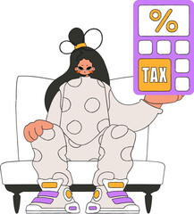 Fashionable woman with percentage. The topic of paying taxes.