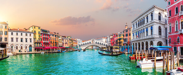 Grand Canal panorama near the Rialto Bridge in the Lagoon of Venice, Italy