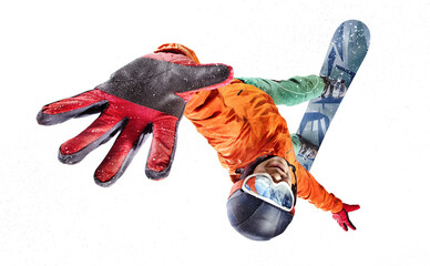 Snowboarder jumping through air with isolated background. Winter Sport transparent background.	