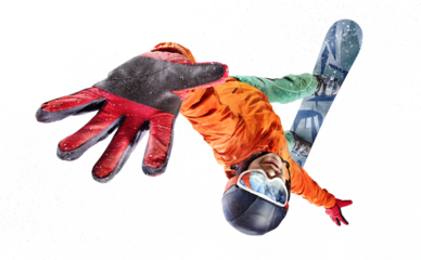 Snowboarder jumping through air with isolated background. Winter Sport transparent background.	
