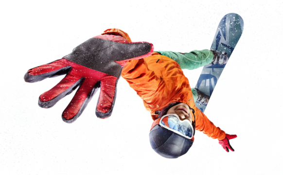 Snowboarder jumping through air with isolated background. Winter Sport transparent background.	