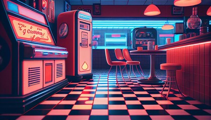 A retro diner with neon lights, checkered floors, and a jukebox generative AI
