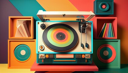 A retro record player with a collection of vinyl records and a colorful backdrop generative AI