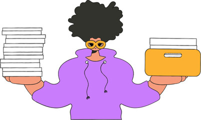 A trendy man holds stacks of documents in his hands.