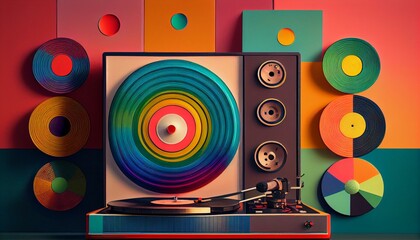 A retro record player with a collection of vinyl records and a colorful backdrop generative AI