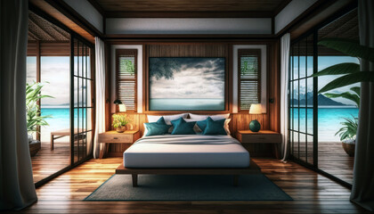 Fototapeta na wymiar Beach bungalow bedroom interior. Holidays in a tropical island, luxury hotel resort, ocean view Generative AI