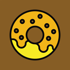Donut vector flat emoji icon design. Isolated chocolate-glazed doughnut with rainbow sprinkles sticker label sign.