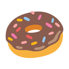 Donut vector flat emoji icon design. Isolated chocolate-glazed doughnut with rainbow sprinkles sticker label sign.