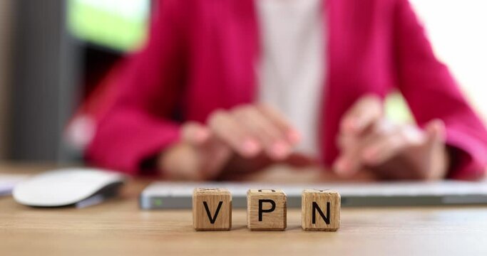 Letters VPN on wooden cubes and online safety on internet