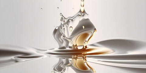 Splash of white and golden fluid, liquid cosmetic product, abstract background, generative ai