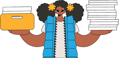 Trendy girl holds stacks of documents in her hands.