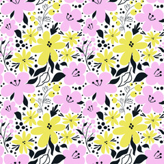 Fototapeta na wymiar Vector abstract botanical seamless pattern. Ornament with purple, yellow flowers and black leaves on a white background.