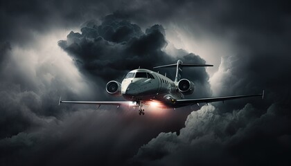 Airplane flying through storm clouds with lightning generate ai 