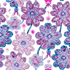 Chinoiserie Flowers In Blue, Purple, Red, Pink forming a repeating decorative pattern against a white background, created with generative AI technology
