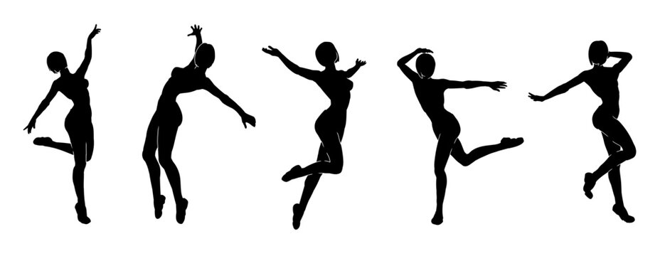 Colection of happy dancing girl vector silhouette.