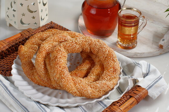 Simit or Turkish bagel with sesame,is traditional Turkish bakery food. Turkish name; simit - gevrek
