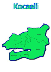 Karte des Bezirks Kocaeli in der Türkei mit den Namen der Gemeinden
