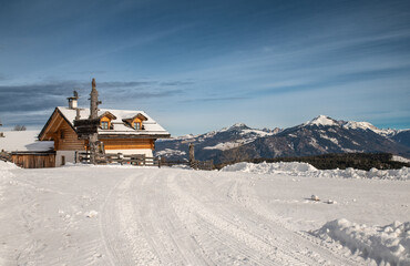 Horn alm at the Trudner Horn Nature Park (Italian: Parco naturale Monte Corno) is a nature reserve south of Bolzano in South Tyrol, northern Italy. Winter lanscape