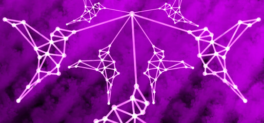 Group of glowing flying origami hummingbirds with purple smoke background 