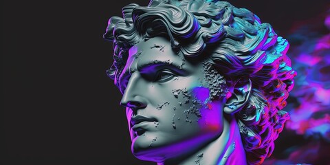 3d render closeup of david apollo face with glitch style design background vaporwave concept. by ai generative - obrazy, fototapety, plakaty