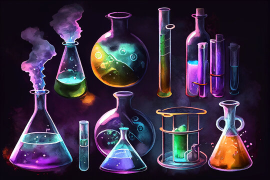 A set of colorful scientific tubes and flasks on a dark background, showcasing the beauty of science and experimentation, generative ai illustration