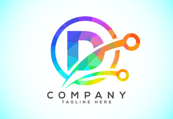 Polygonal low poly D alphabet in a circle with technology sign symbol. Technology logo design concept