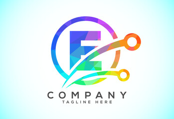 Polygonal low poly E alphabet in a circle with technology sign symbol. Technology logo design concept