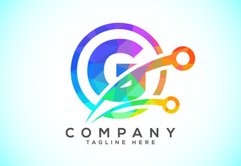 Polygonal low poly G alphabet in a circle with technology sign symbol. Technology logo design concept