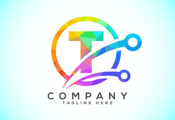 Polygonal low poly T alphabet in a circle with technology sign symbol. Technology logo design concept