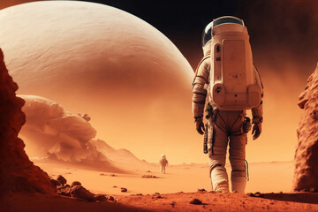 Fototapeta na wymiar An astronaut with a spaceship land on the Mar planet. Generative AI.