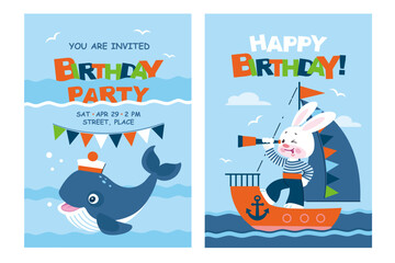 Set of happy birthday, holiday, baby shower celebration greeting and invitation card. Cute cartoon bunny sailor, whale, ship, sea. Flat vector illustration. Poster template.