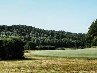 Landscape of field and hills of Wiezyca, Kashubian region in Poland.