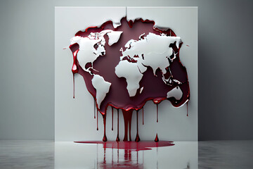 Blood dripping illustration on world map with white copy space. World war, conflict, murder, or pain concept. Generated by AI