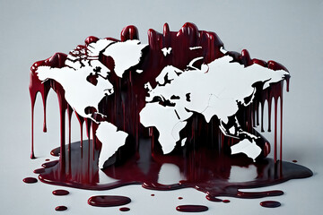 Blood dripping illustration on world map with white copy space. World war, conflict, murder, or pain concept. Generated by AI