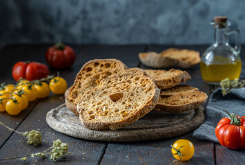Friselle are typical Italian double-baked bread are ready for being garnished with red and yellow...