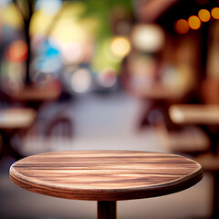 Fototapeta na wymiar Wooden table top in cafe blurred bokeh background - AI generated image