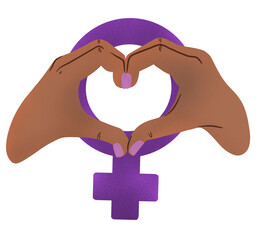 Manos formando un corazón con símbolo feminista en el fondo. 8 de marzo día internacional de la mujer - obrazy, fototapety, plakaty