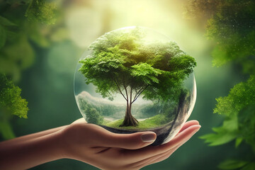 Hand holding green earth. Save the environment. Generative AI.