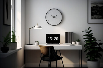 Modern office interior with table. Study room with a clock. Generative AI.