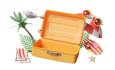 summer travel with open empty suitcase, beach chair, sunglasses, surfboard, umbrella, coconut tree isolated. concept, 3d illustration render
