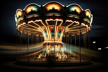 A carousel or carrousel, merry-go-round, roundabout, and hurdy-gurdy with light grow at the night. Generative AI.