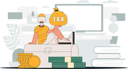 A fashionable man holds a bag of taxes in his hand. Graphic illustration on the theme of tax payments.