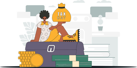 A fashionable man holds a bag of taxes in his hand. An illustration demonstrating the importance of paying taxes for economic development.