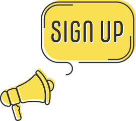 Speech bubble with megaphone, message, text . Megaphone announcement with trendy yellow color shapes.