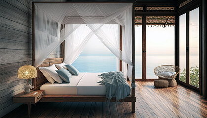 Beach bungalow bedroom interior. Holidays in a tropical island, luxury hotel resort, sea view. Generative AI