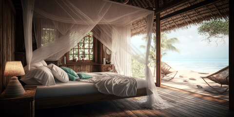 Beach bungalow bedroom interior. Holidays in a tropical island, luxury hotel resort, sea view. Generative AI