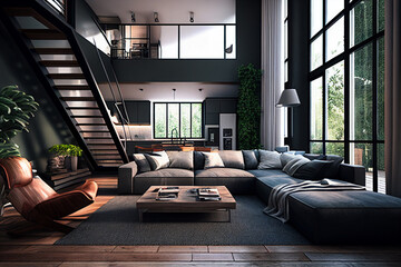Modern living room with furniture. White, grey and wood interior design living room. Generative AI.