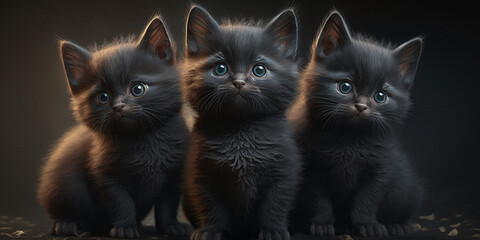 Three Adorable Black Kittens sitting perfectly posed and looking forwards